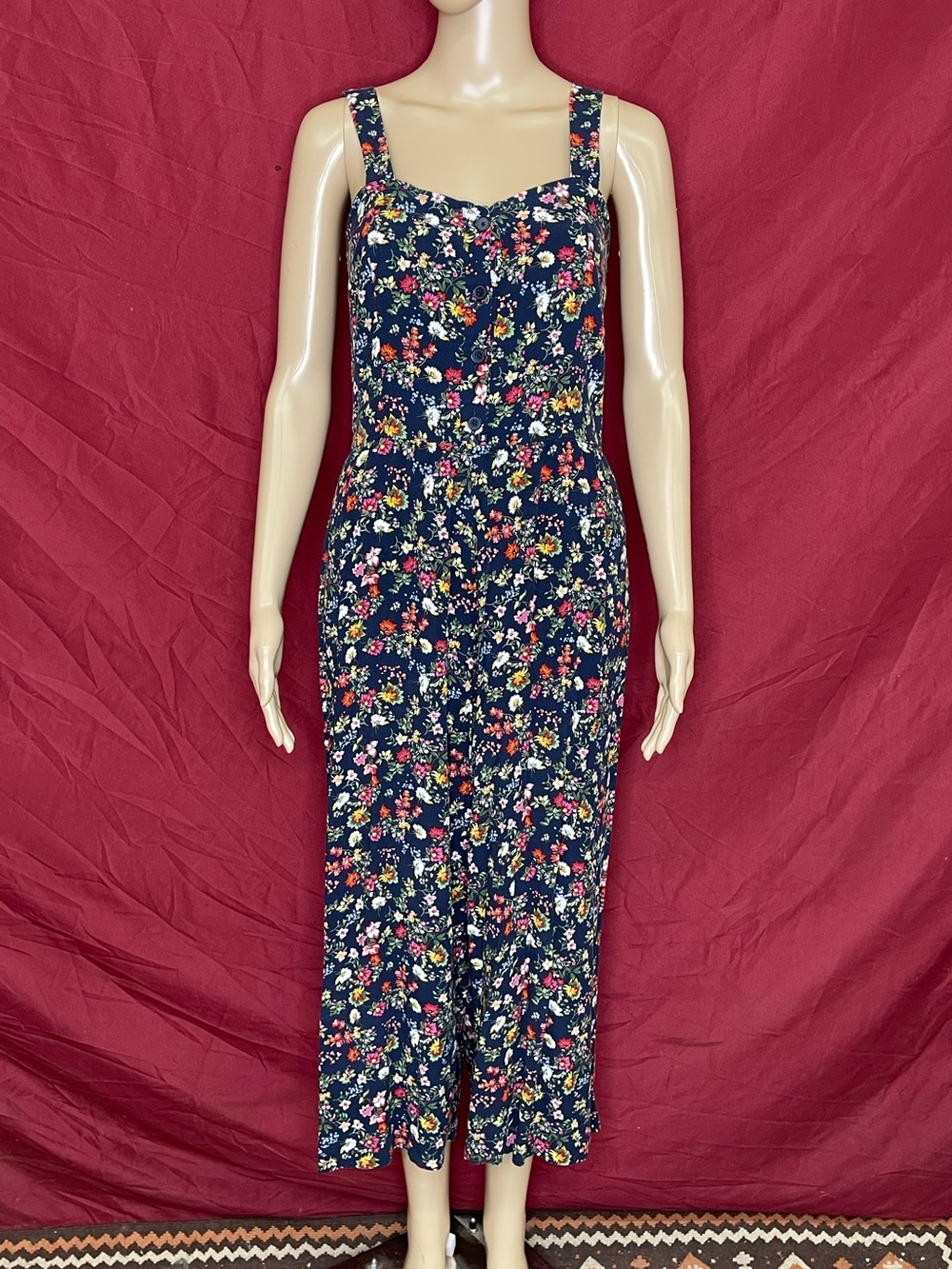 Loft Wildflower Floral Button Front Wide Leg Cropped Jumpsuit Size Small